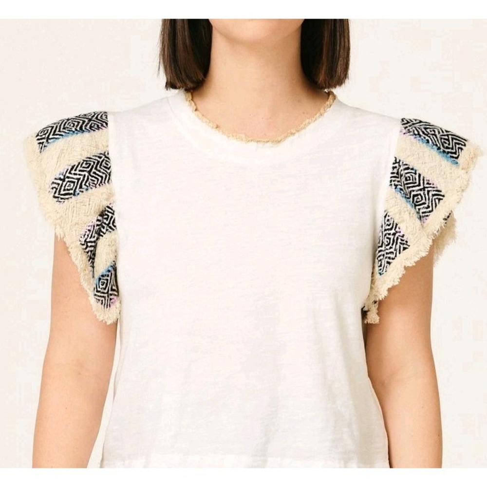 THML White Cotton T-shirt Flutter Sleeve Boho Beachy Top Geometric Yarn Sz Large